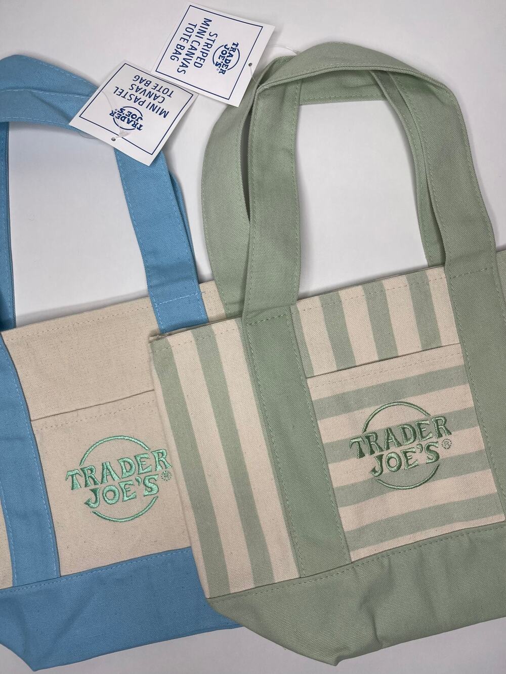 Set of 2 — Trader Joe’s Canvas MINI Tote Bags — PASTEL BABY BLUE + GREEN STRIPES